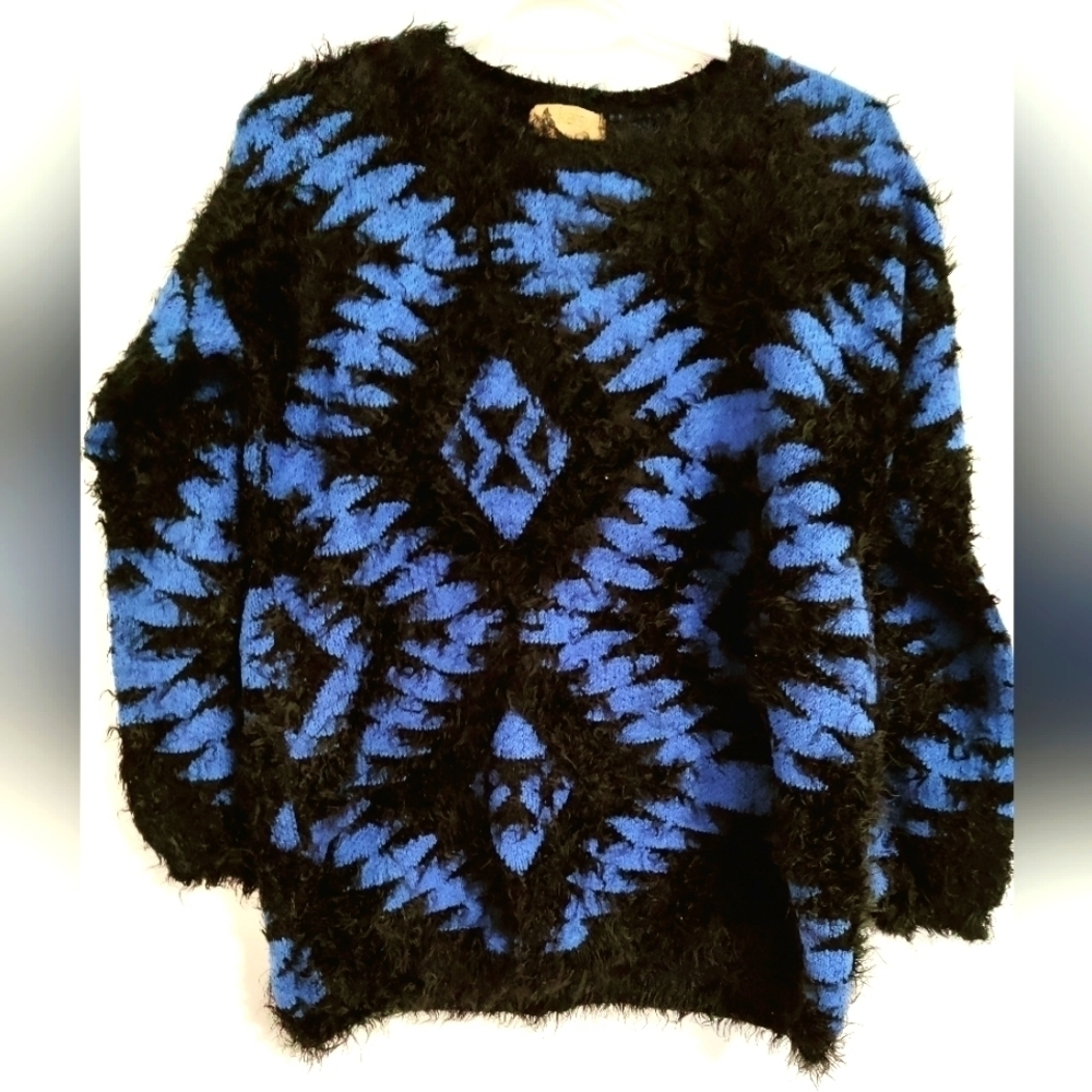 Blue and black geometric pattern fuzzy sweater women's Medium